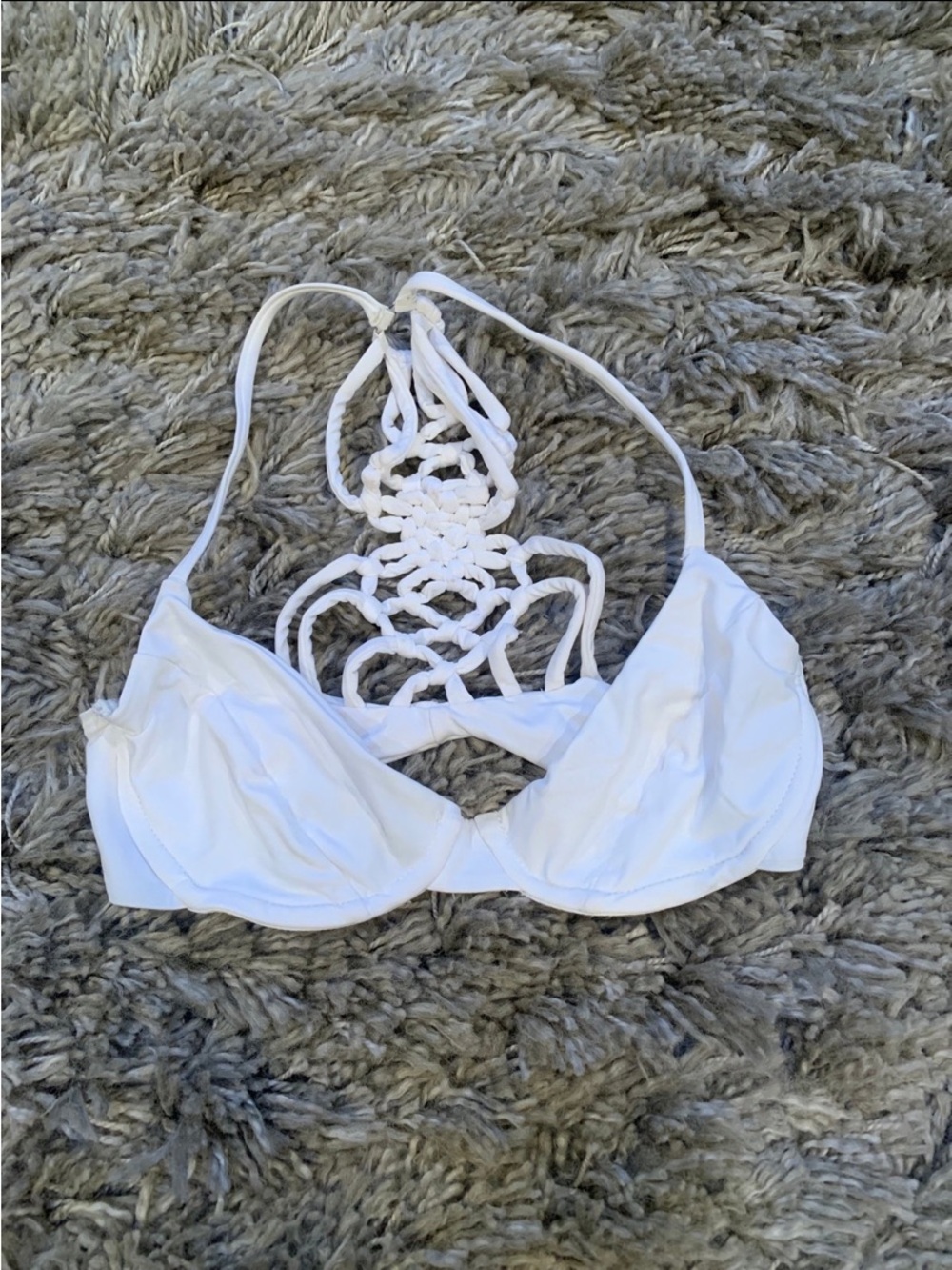 Frankie's Bikinis White Macramé Halter Bikini Top